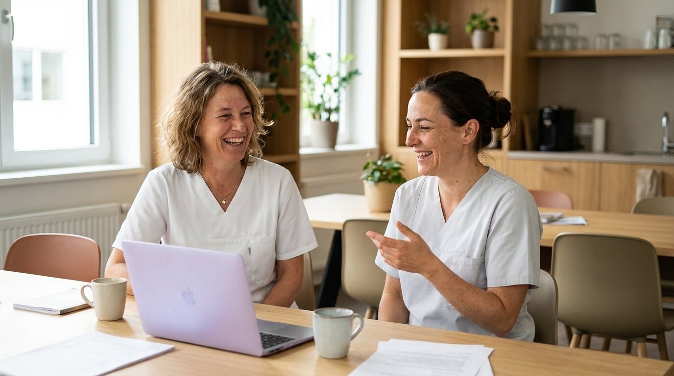 Zahnmedizinische Fachangestellte arbeiten entspannt mit DokuDent am Laptop